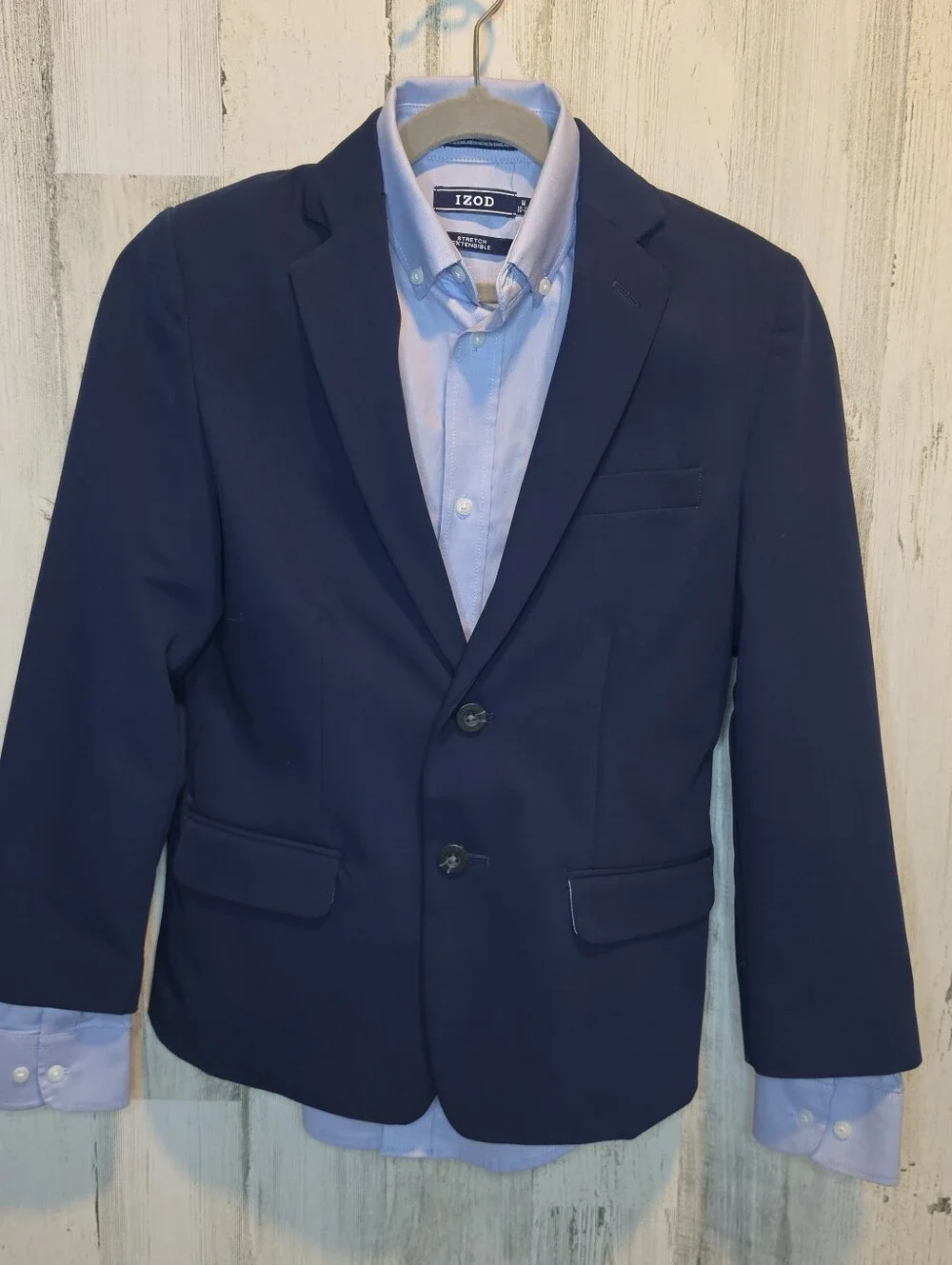 IZOD Boys Suit 3 Piece Navy Blazer Pants Blue Dress Shirt Size 10 12 Stretch